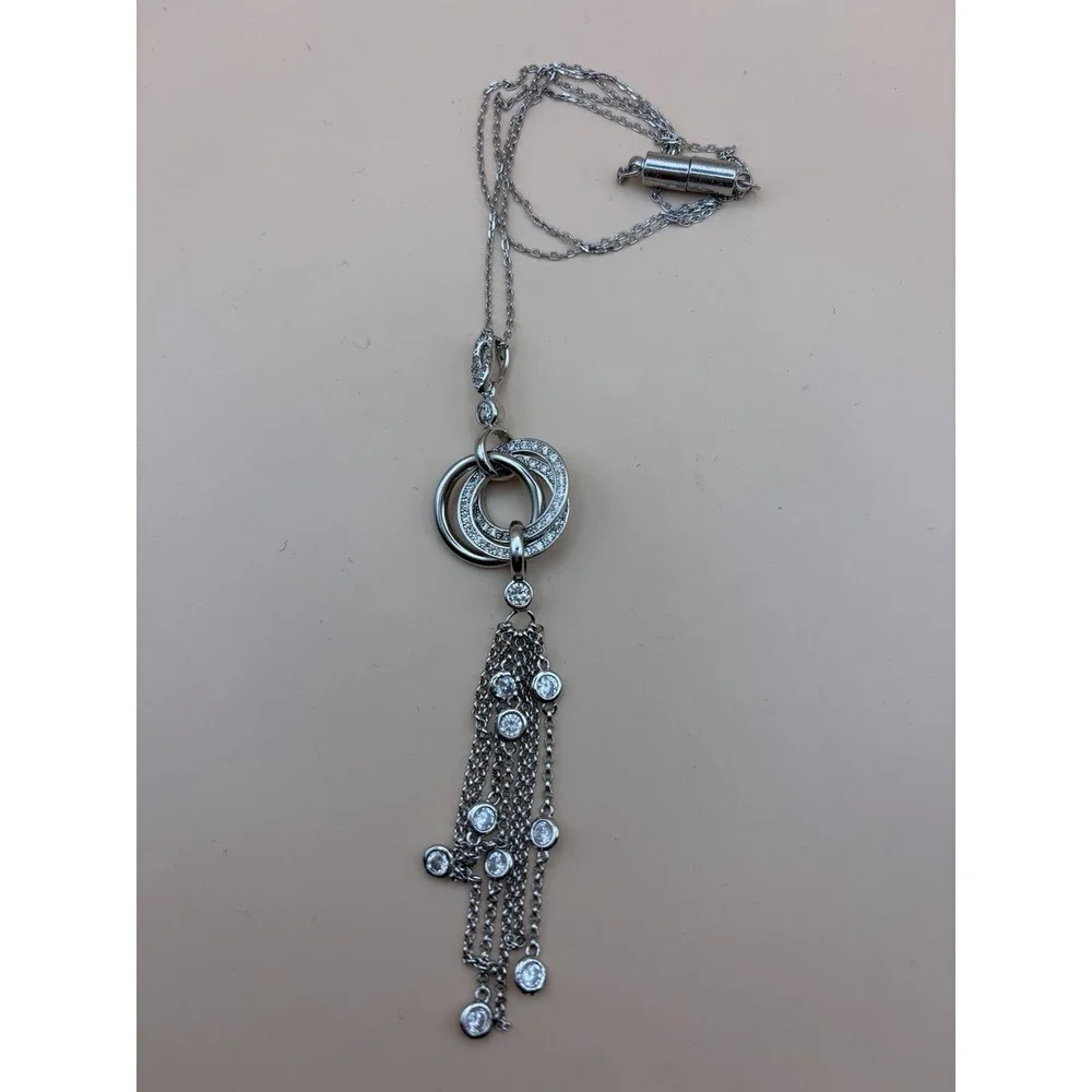 Silver CZ Tassel Fringe Necklace Pave Circle Pendant Magnetic Clasp Arthritis